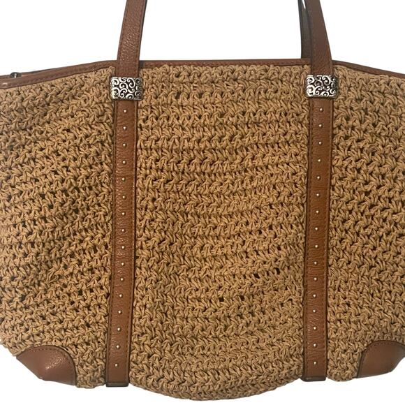 Brighton Dayton Straw Tote Womens Wheat Tan & Luggage Brown Slouchy Purse Bag - Picture 6 of 12